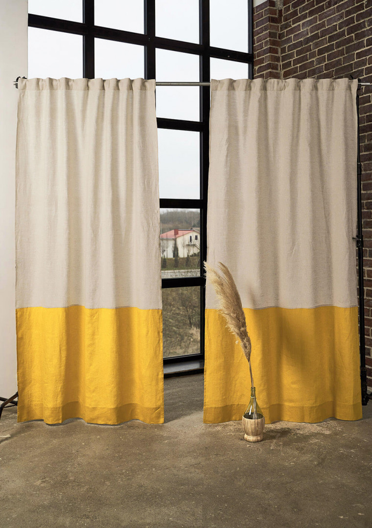 2 linen color block curtain panels