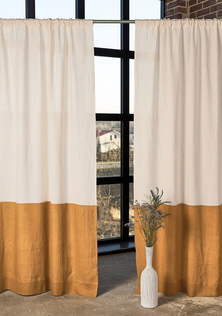 2 linen rod pocket color block curtain panels