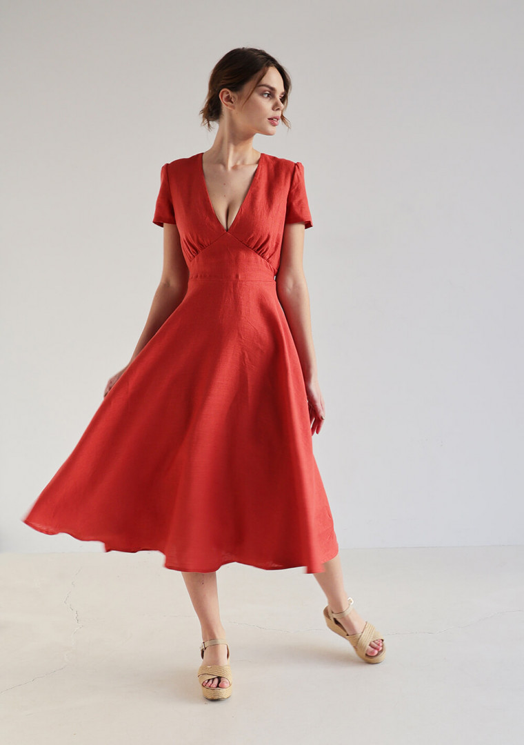Deep v neck linen dress Sicily