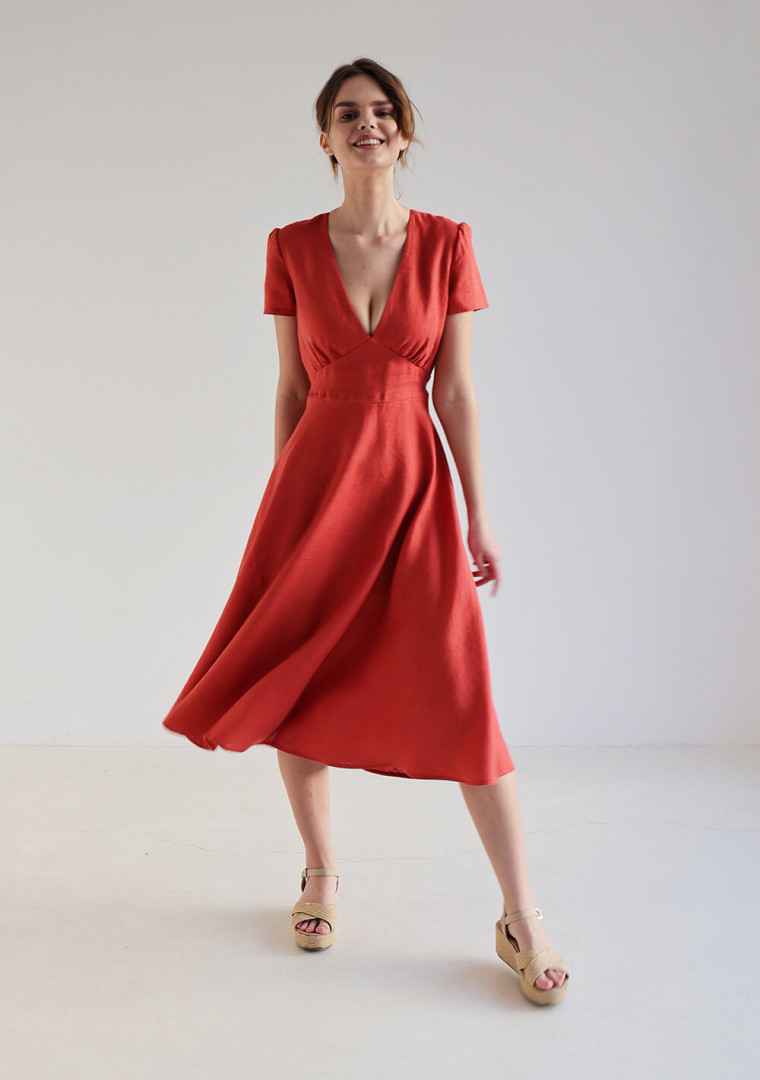 Deep v neck linen dress Sicily