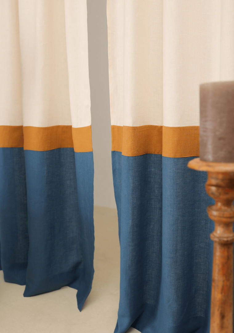 Linen color block curtains with multifunctional heading tape Linen color block curtains with multifunctional heading tape