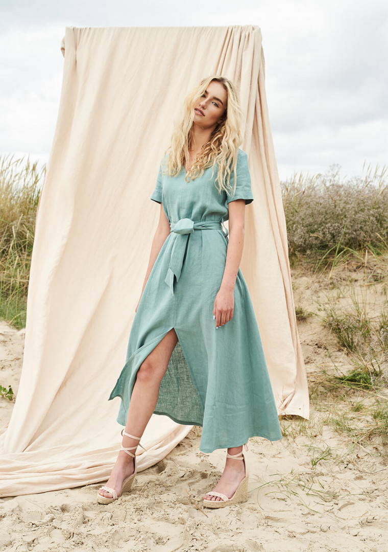 Linen V neck maxi dress with front split Vivien