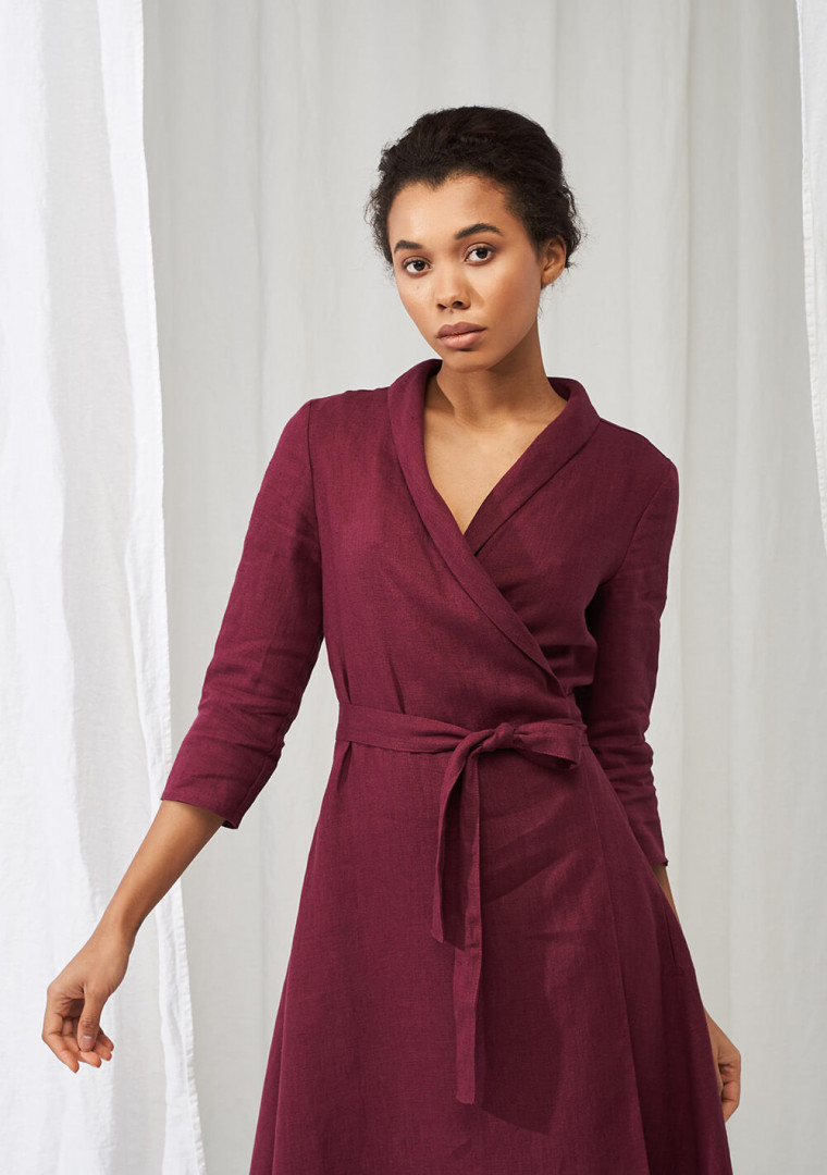 Linen shawl collar wrap dress Marlena