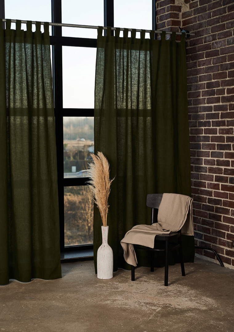 Linen tab top curtain panel in Forest Green, set of 2
