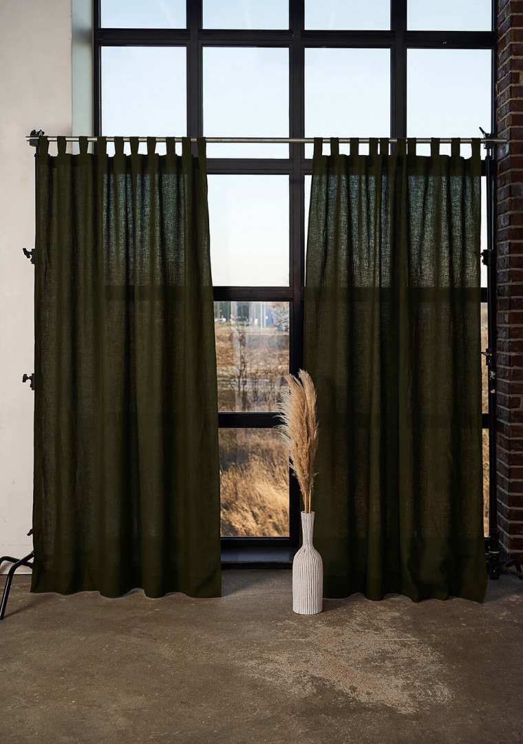 Linen tab top curtain panel in Forest Green, set of 2