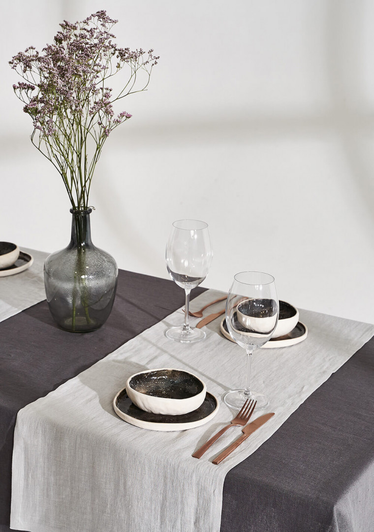 Linen table runner in light gray