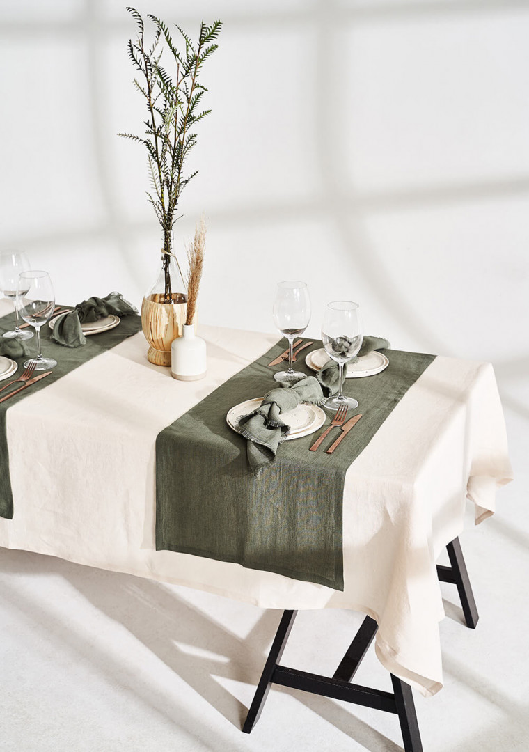 Linen table runner in moss green