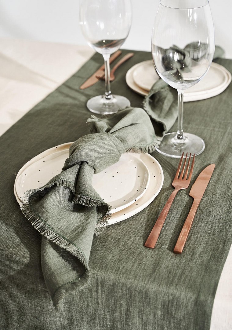 Linen table runner in moss green