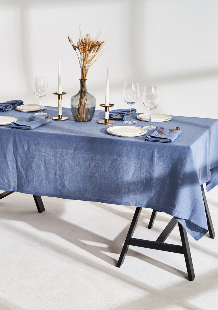 Linen tablecloth in cornflower blue