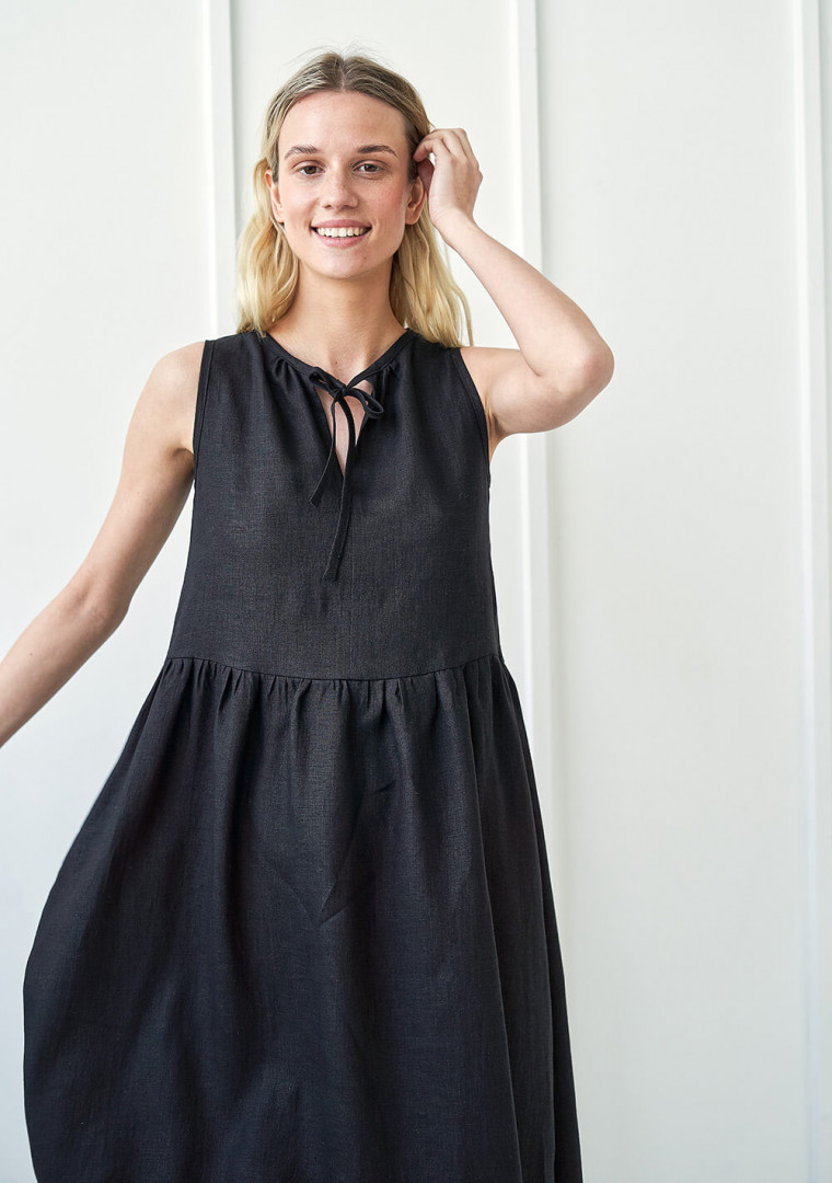 Long linen dress with tie neck detail Aylin