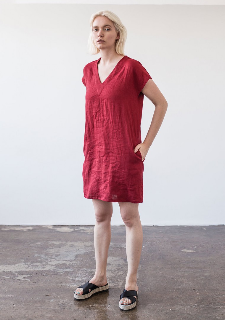 Mini linen V neck tunic dress Kimberly