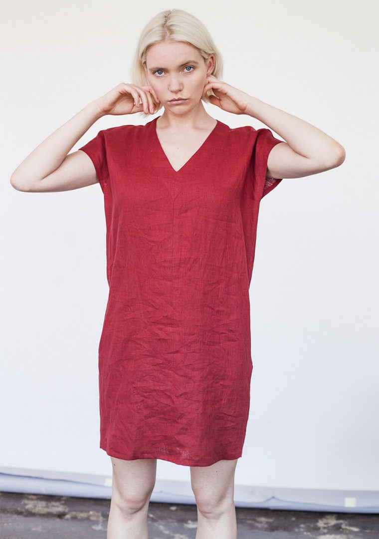 Mini linen V neck tunic dress Kimberly