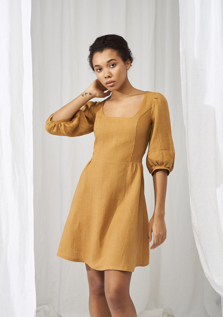 Puff sleeve linen dress Aurora mini length