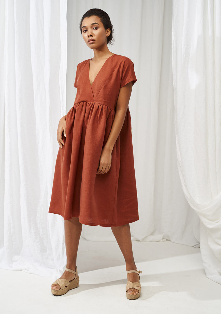 Deep V neck linen dress Valentina