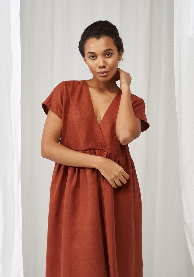 Deep V neck linen dress Valentina